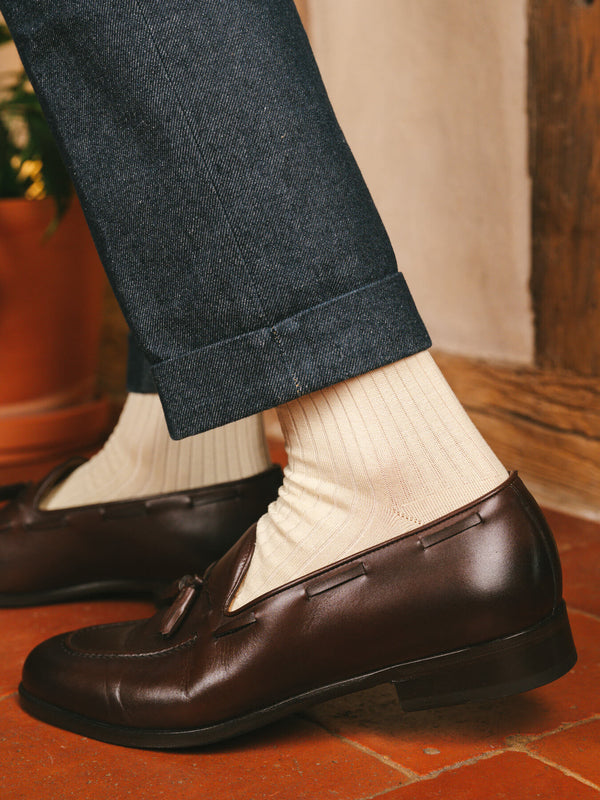 Pétrone chaussettes côtelées mi-mollet en fil d'Ecosse italien ivoire hommes#couleur_ivoire