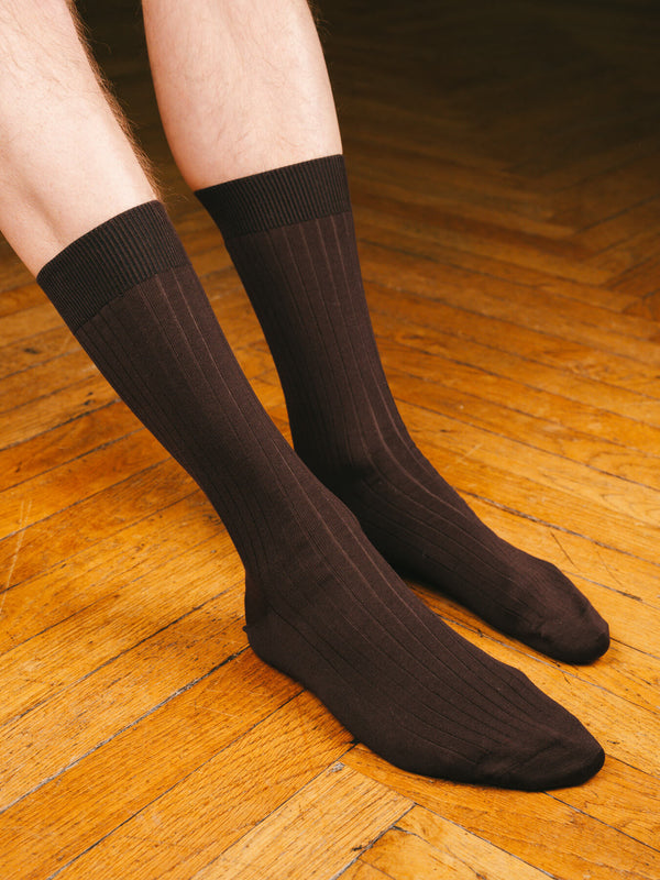 Pétrone chaussettes côtelées mi-mollet en fil d'Ecosse italien marron foncé hommes#couleur_marron-foncé