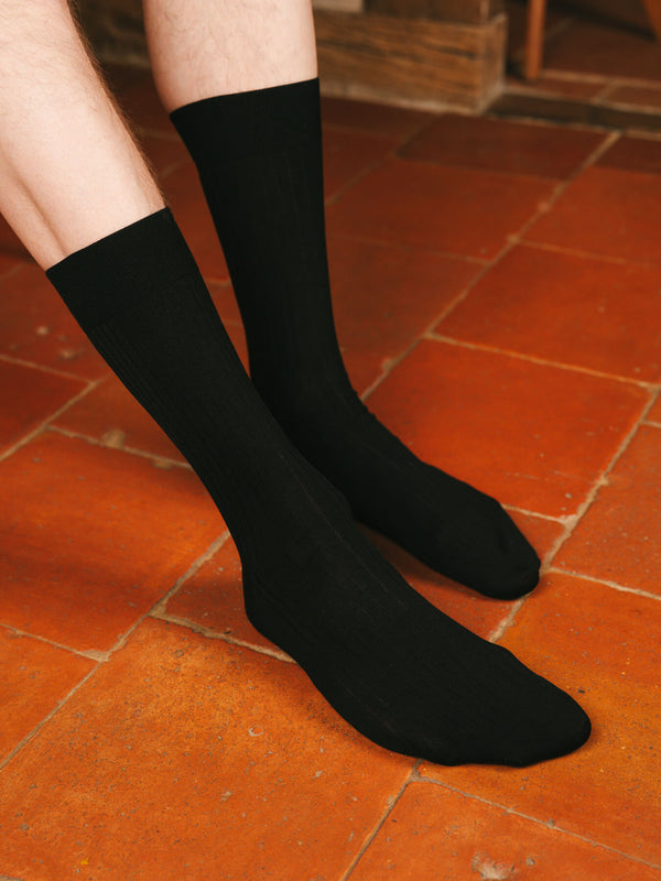 Pétrone chaussettes côtelées mi-mollet en fil d'Ecosse italien noir hommes#couleur_noir