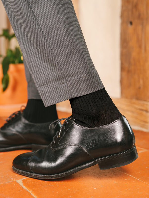 Pétrone chaussettes côtelées mi-mollet en fil d'Ecosse italien noir hommes#couleur_noir
