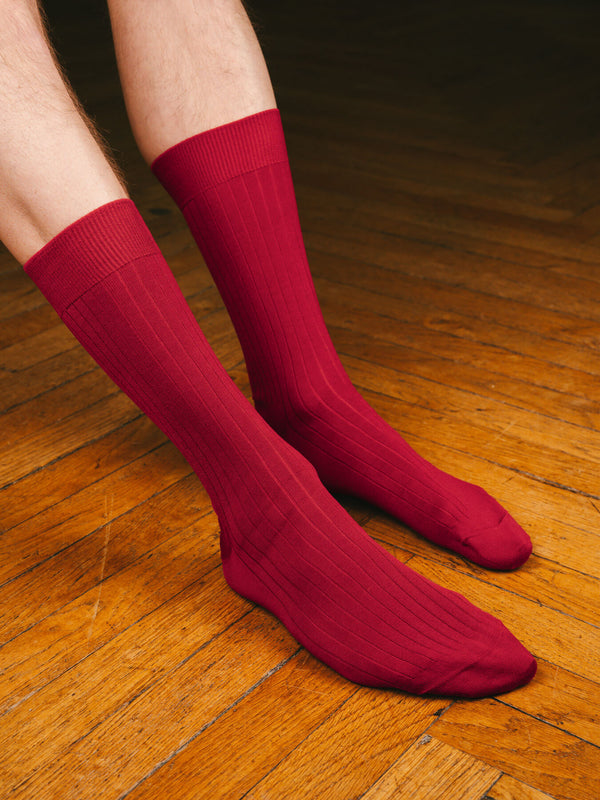 Pétrone chaussettes côtelées mi-mollet en fil d'Ecosse italien rouge hommes#couleur_rouge