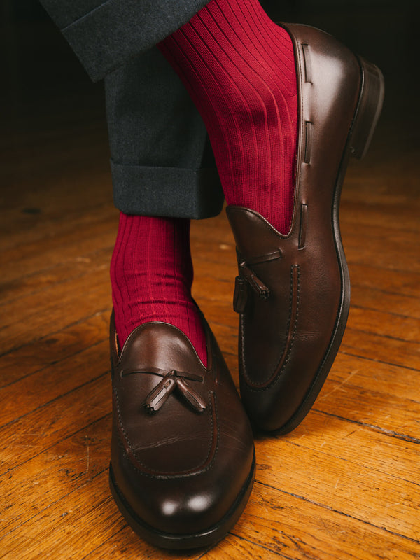 Pétrone chaussettes côtelées mi-mollet en fil d'Ecosse italien rouge hommes#couleur_rouge