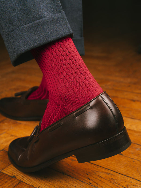 Pétrone chaussettes côtelées mi-mollet en fil d'Ecosse italien rouge hommes#couleur_rouge