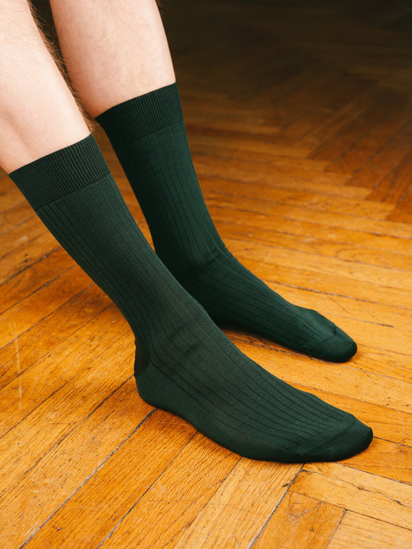 Pétrone chaussettes côtelées mi-mollet en fil d'Ecosse italien vert bouteille hommes#couleur_vert-bouteille
