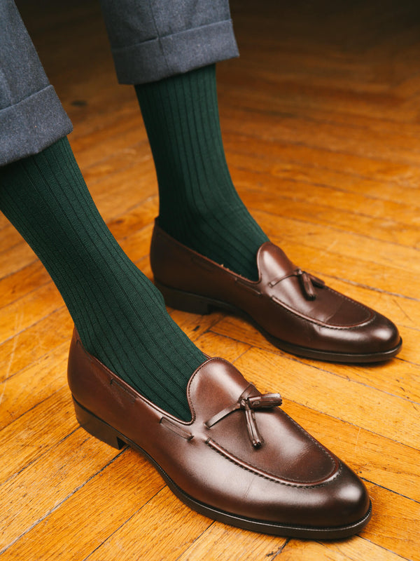 Pétrone chaussettes côtelées mi-mollet en fil d'Ecosse italien vert bouteille hommes#couleur_vert-bouteille