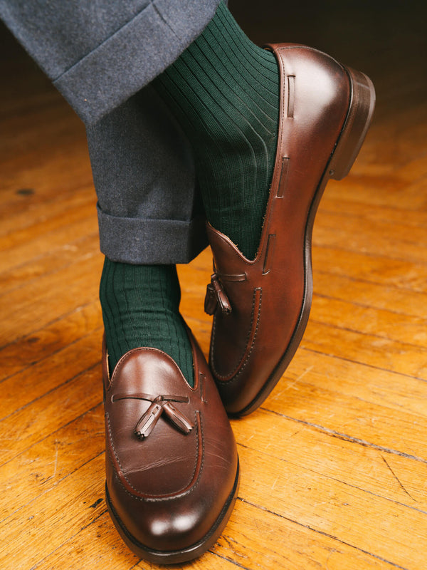 Pétrone chaussettes côtelées mi-mollet en fil d'Ecosse italien vert bouteille hommes#couleur_vert-bouteille