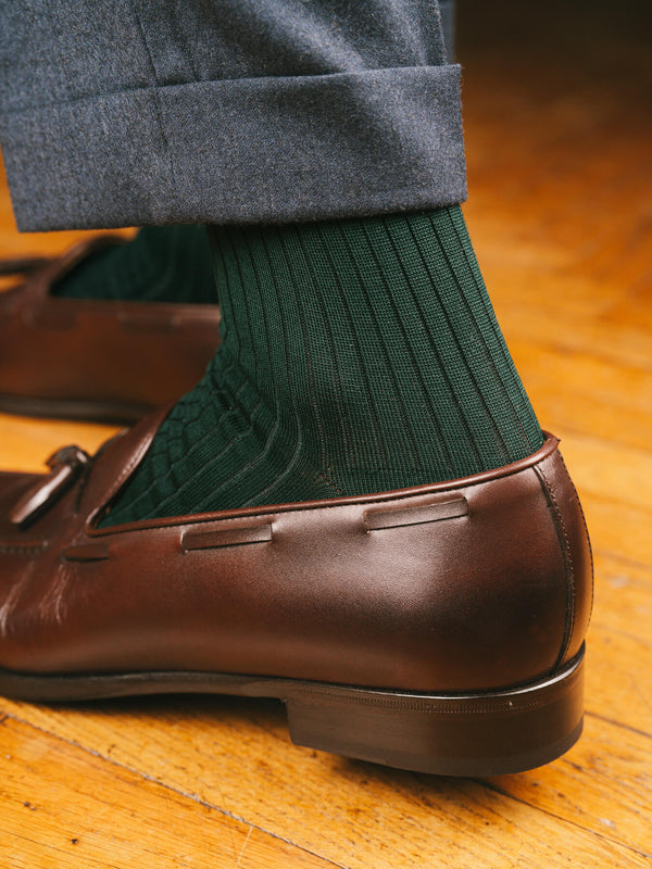 Pétrone chaussettes côtelées mi-mollet en fil d'Ecosse italien vert bouteille hommes#couleur_vert-bouteille