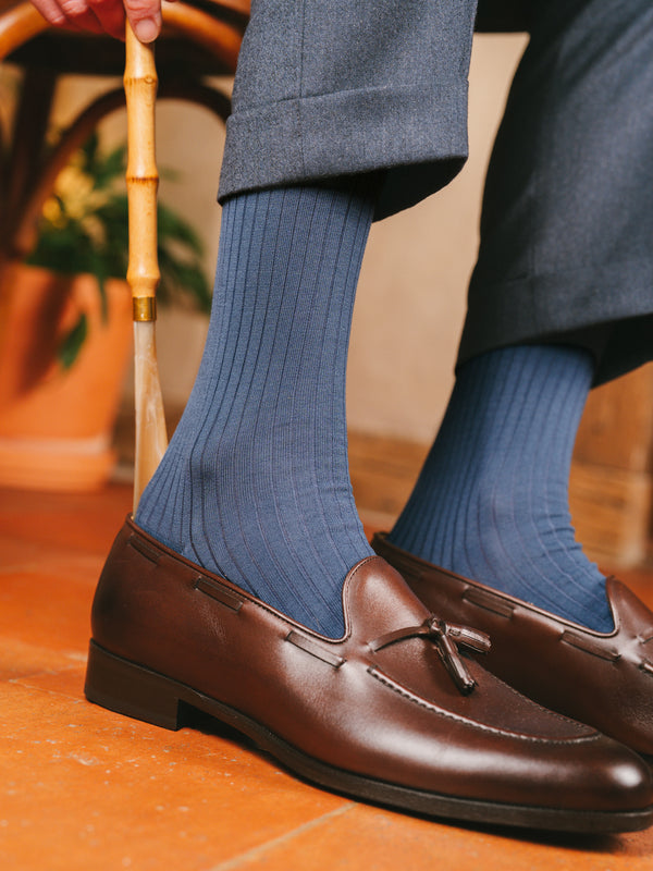 Pétrone mi-bas fil d’Écosse  homme#couleur_bleu-céruléen