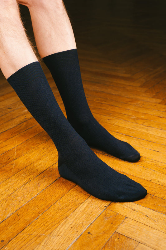 Pétrone chaussettes nid d'abeille fil d'Ecosse bleu marine homme#couleur_bleu-marine