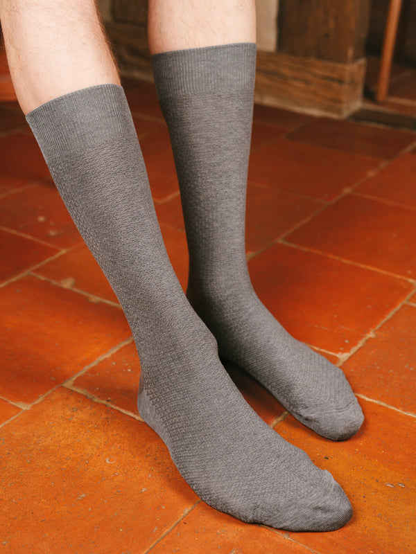 Pétrone chaussettes nid d'abeille fil d'Ecosse gris homme#couleur_gris-moyen-chiné
