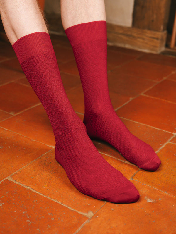 Pétrone chaussettes nid d'abeille fil d'Ecosse rouge homme#couleur_rouge