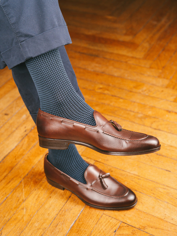 Pétrone chaussettes fil d'Ecosse pied de poule homme#bleu-marine-/-acier