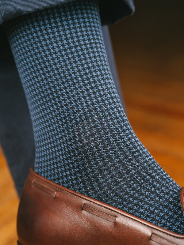 Pétrone chaussettes fil d'Ecosse pied de poule homme#bleu-marine-/-acier