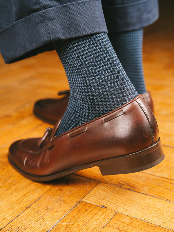 Pétrone chaussettes fil d'Ecosse pied de poule homme#bleu-marine-/-acier