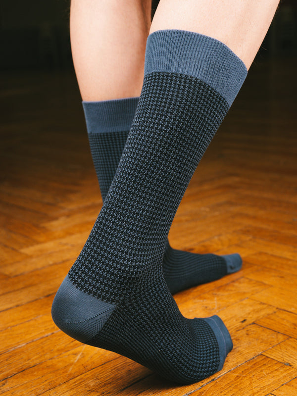 Pétrone chaussettes fil d'Ecosse pied de poule homme#bleu-marine-/-acier