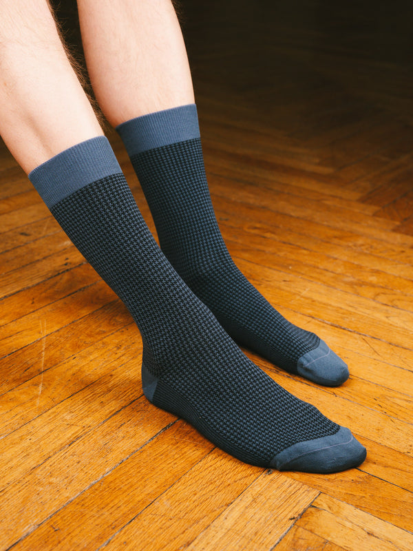 Pétrone chaussettes fil d'Ecosse pied de poule homme#bleu-marine-/-acier