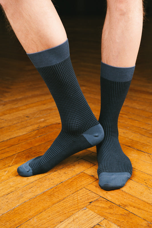 Pétrone chaussettes fil d'Ecosse pied de poule homme#bleu-marine-/-acier