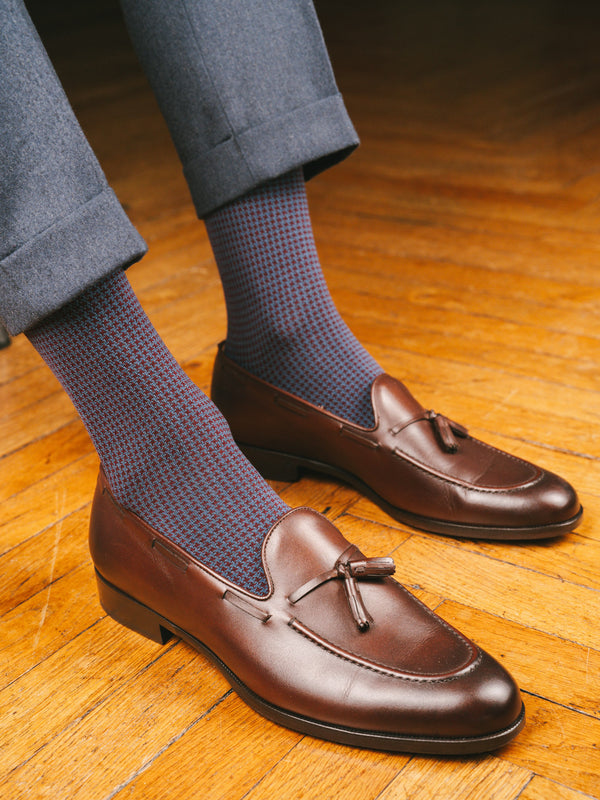 Pétrone chaussettes fil d'Ecosse pied de poule homme#bordeaux-/-bleu