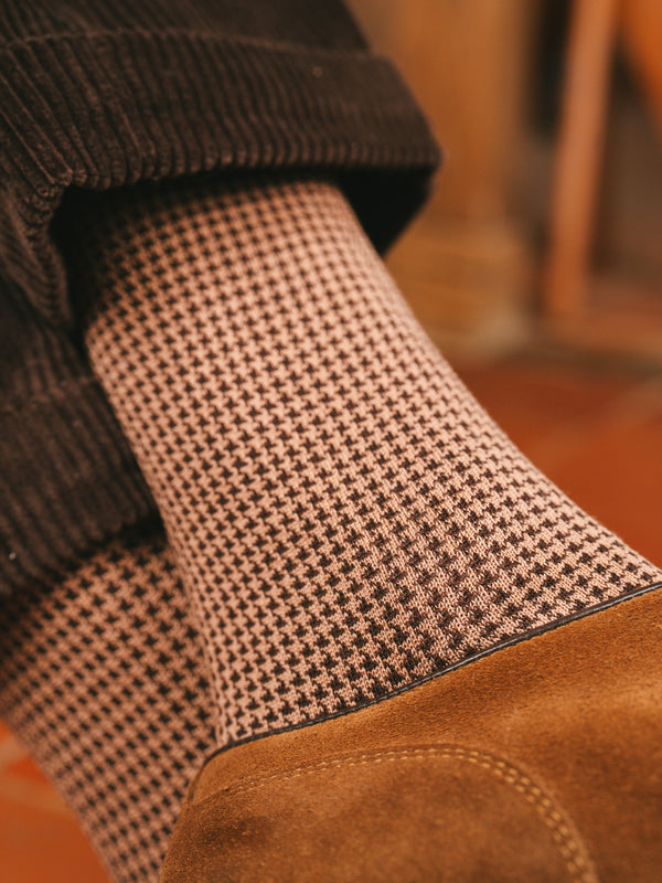 Pétrone chaussettes fil d'Ecosse pied de poule homme#couleur_marron-/-taupe