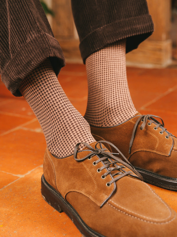 Pétrone chaussettes fil d'Ecosse pied de poule homme#couleur_marron-/-taupe