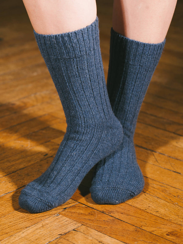 Pétrone chaussettes chaudes côtelées laine mérinos bleu chiné femme#couleur_bleu-chiné