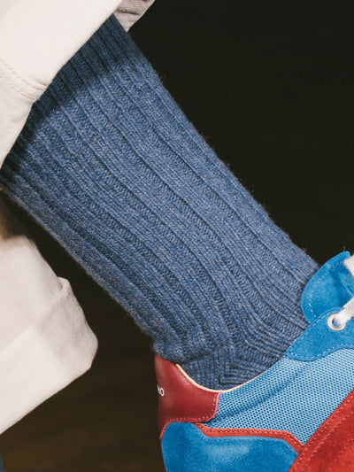 Pétrone chaussettes chaudes côtelées laine mérinos bleu chiné femme#couleur_bleu-chiné