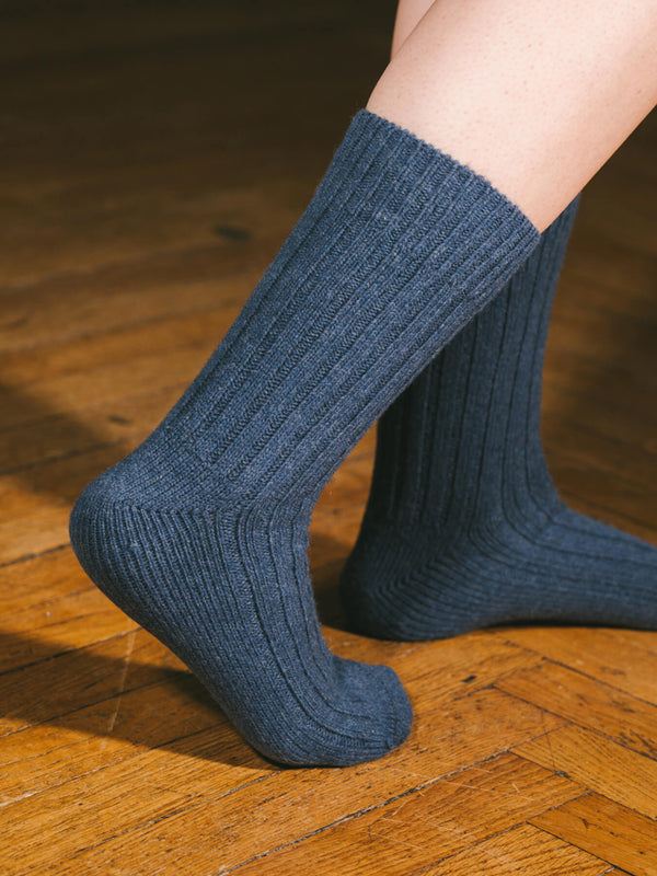 Pétrone chaussettes chaudes côtelées laine mérinos bleu chiné femme#couleur_bleu-chiné