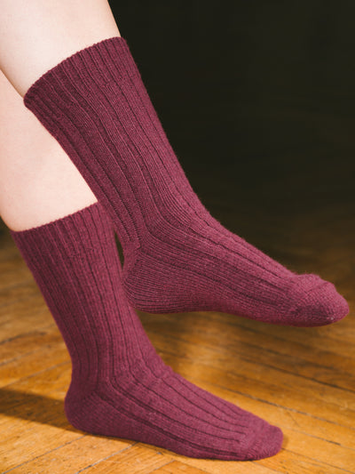 Pétrone chaussettes chaudes côtelées laine mérinos bordeaux foncé femme#couleur_bordeaux-foncé