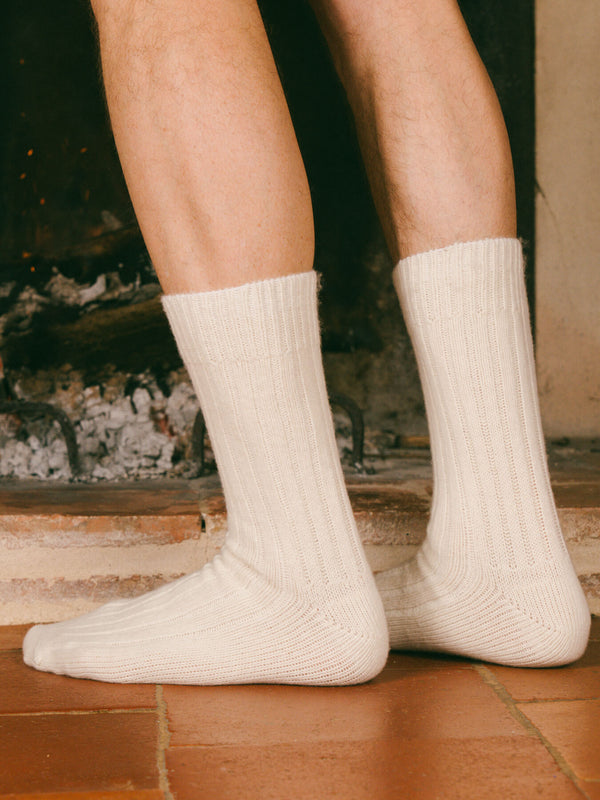 Pétrone chaussettes chaudes côtelées laine mérinos blanc crème homme#couleur_blanc-crème