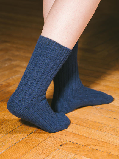 Pétrone chaussettes chaudes côtelées laine mérinos bleu marine femme#couleur_bleu-marine