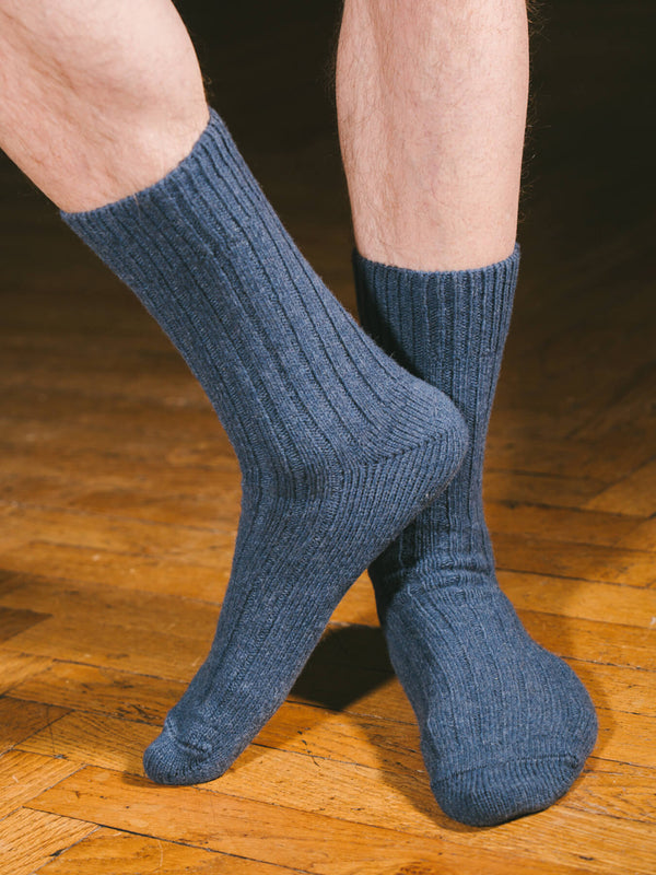 Pétrone chaussettes chaudes côtelées laine mérinos bleu chiné homme#couleur_bleu-chiné