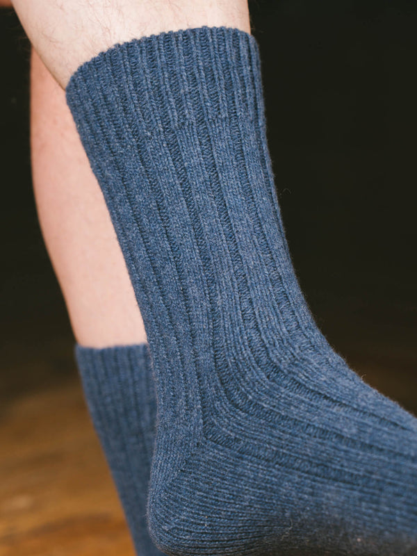 Pétrone chaussettes chaudes côtelées laine mérinos bleu chiné homme#couleur_bleu-chiné