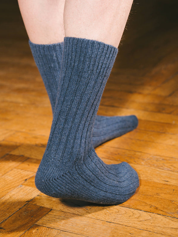 Pétrone chaussettes chaudes côtelées laine mérinos bleu chiné homme#couleur_bleu-chiné