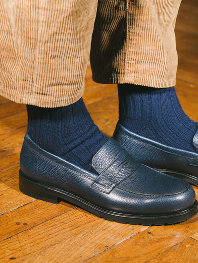 Pétrone chaussettes chaudes côtelées laine mérinos bleu marine homme#couleur_bleu-marine