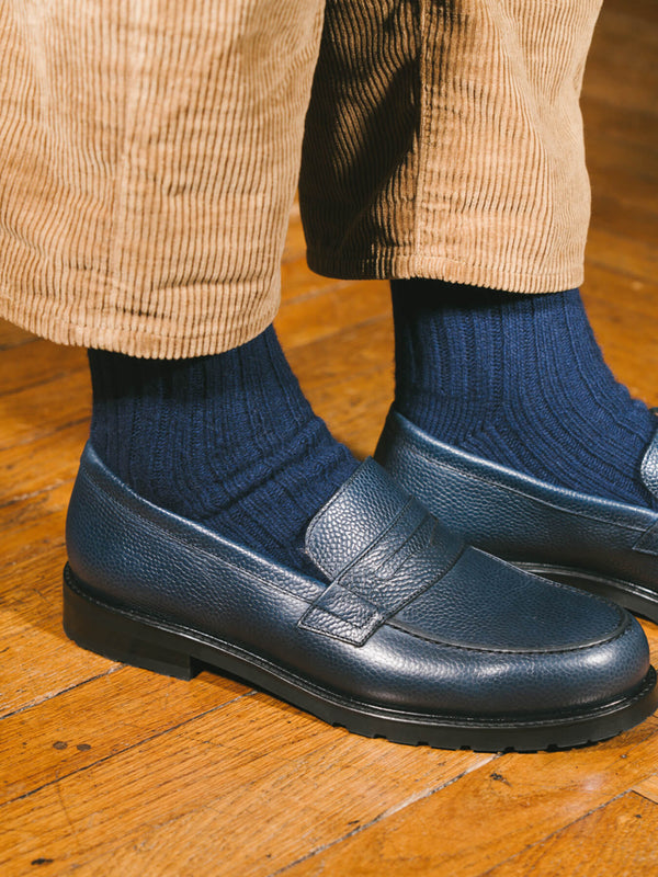 Pétrone chaussettes chaudes côtelées laine mérinos bleu marine homme#couleur_bleu-marine