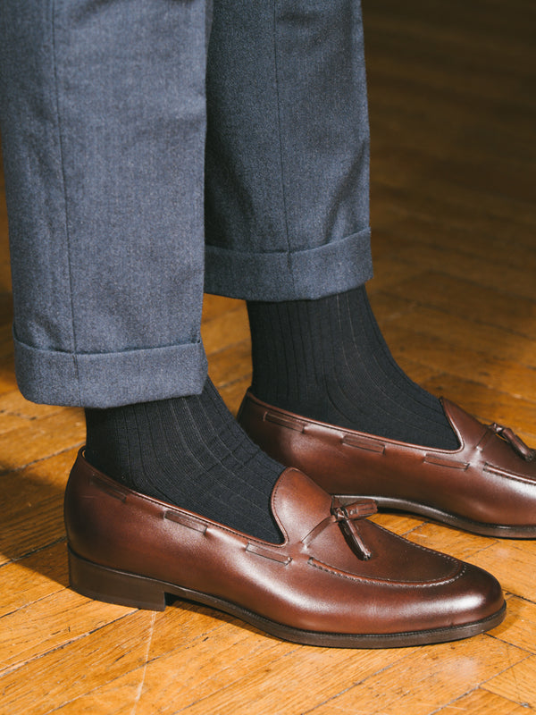 Pétrone mi-bas laine mérinos bleu marine homme#couleur_bleu-marine