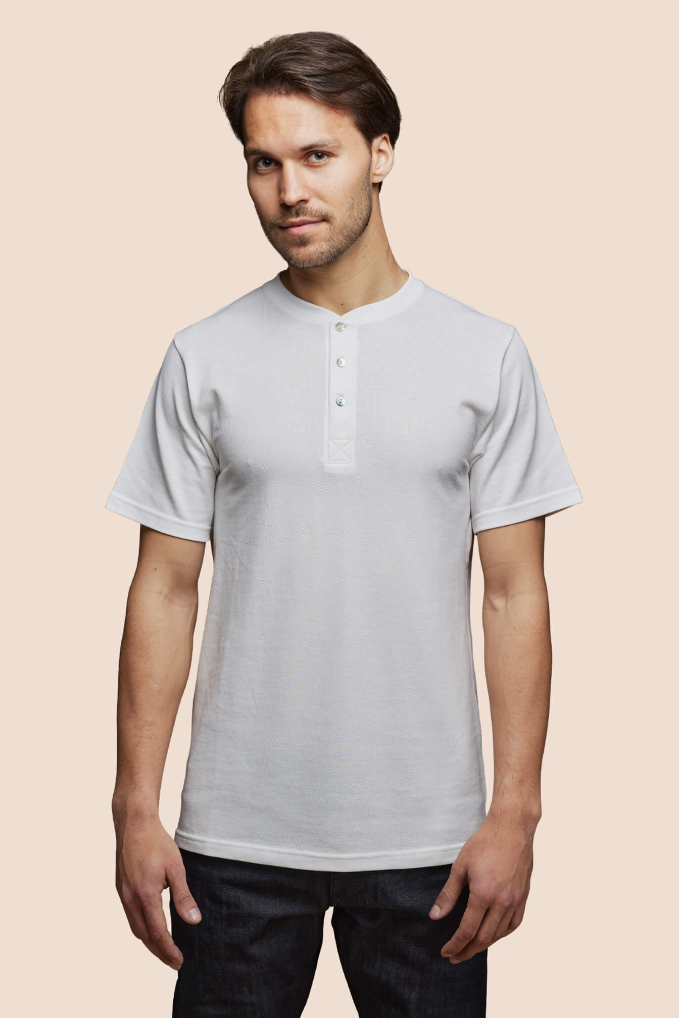 Pétrone Henley manches courtes coton bio blanc crème homme
