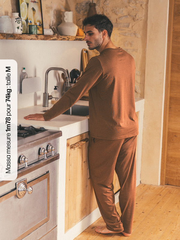 Pétrone ensemble de pyjama homme coton bio tencel lyocell henley pantalon chocolat
