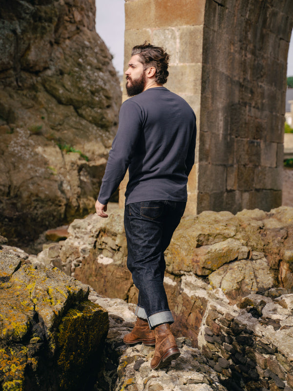 Pétrone Henley cormac manches longues coton bio bleu marine homme#couleur_bleu-marine