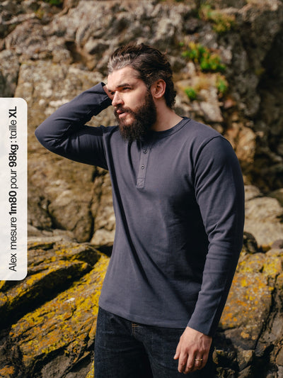 Pétrone Henley cormac manches longues coton bio bleu marine homme#couleur_bleu-marine
