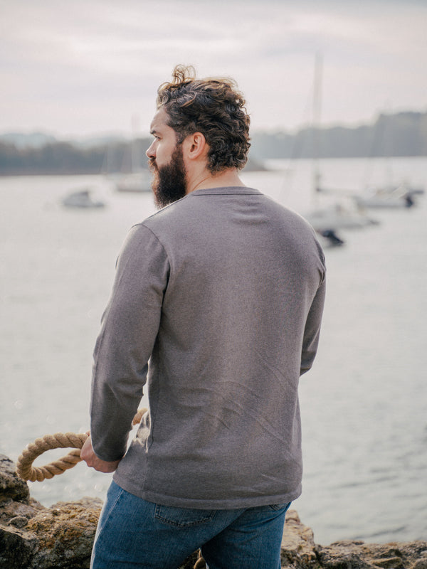 Pétrone Henley cormac manches longues coton bio gris moyen homme#couleur_gris-moyen-chiné