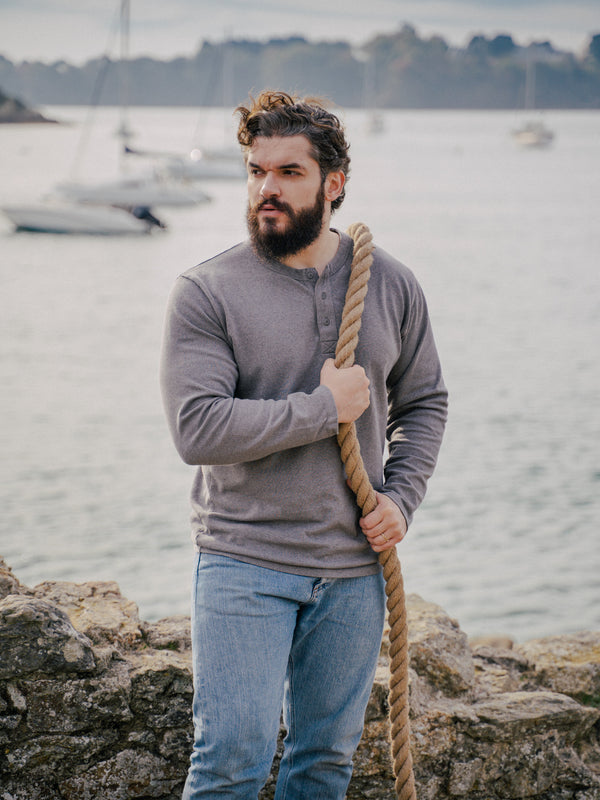 Pétrone Henley cormac manches longues coton bio gris moyen homme#couleur_gris-moyen-chiné
