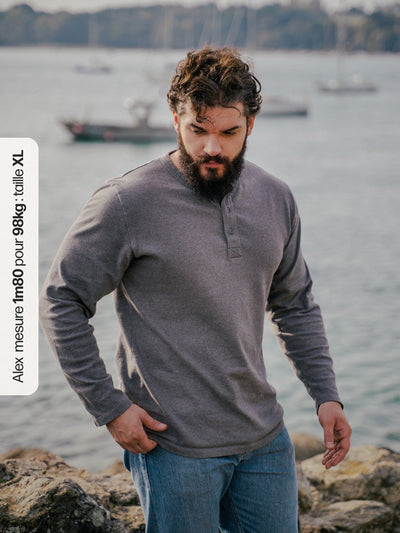Pétrone Henley cormac manches longues coton bio gris moyen homme#couleur_gris-moyen-chiné
