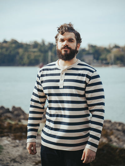 Pétrone Henley cormac manches longues coton bio marinière blanc crème homme#couleur_marinière-blanc-crème