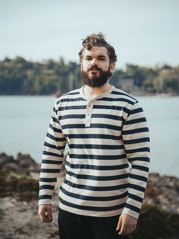 Pétrone Henley cormac manches longues coton bio marinière blanc crème homme#couleur_marinière-blanc-crème