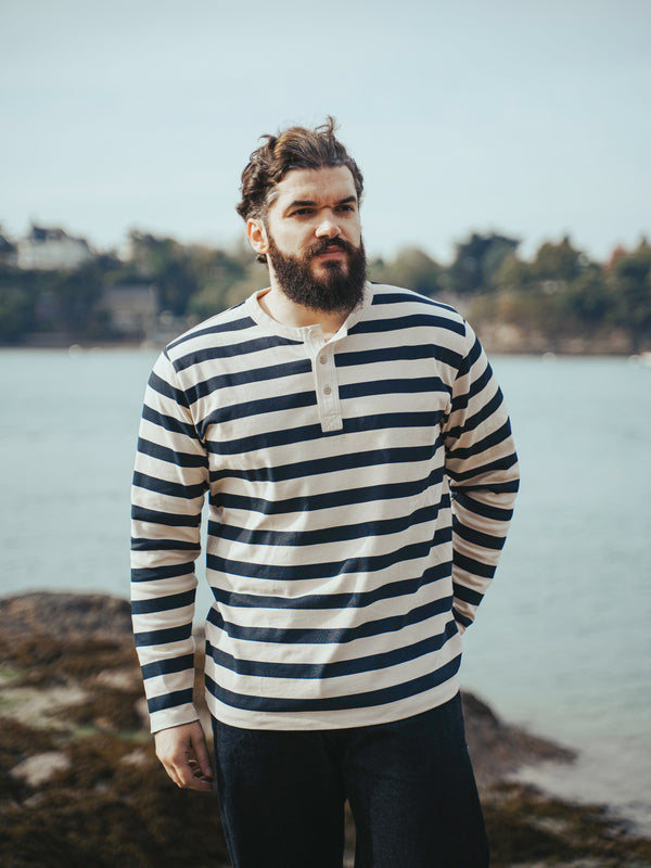 Pétrone Henley cormac manches longues coton bio marinière blanc crème homme#couleur_marinière-blanc-crème