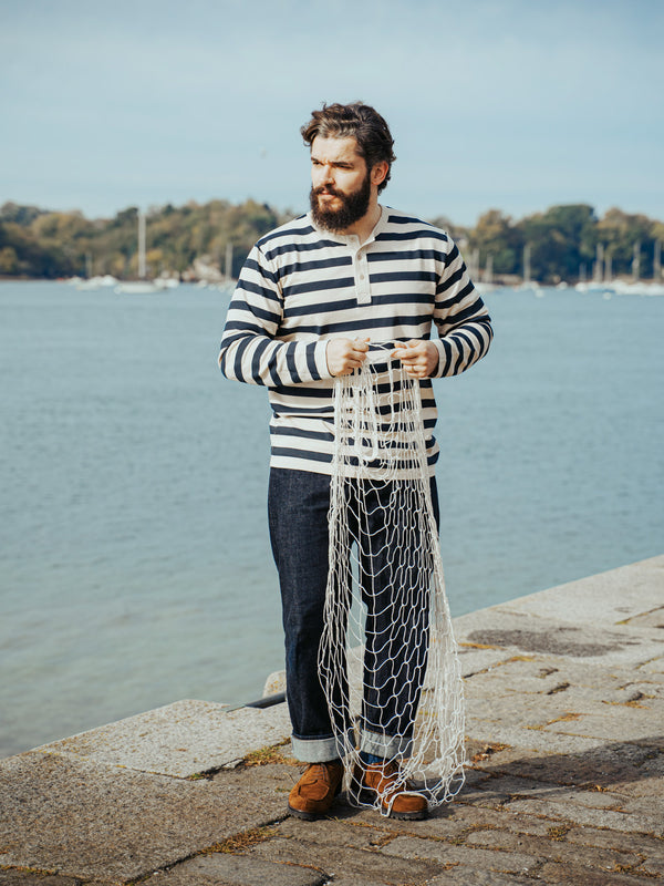 Pétrone Henley cormac manches longues coton bio marinière blanc crème homme#couleur_marinière-blanc-crème