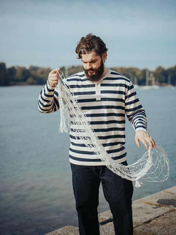 Pétrone Henley cormac manches longues coton bio marinière blanc crème homme#couleur_marinière-blanc-crème