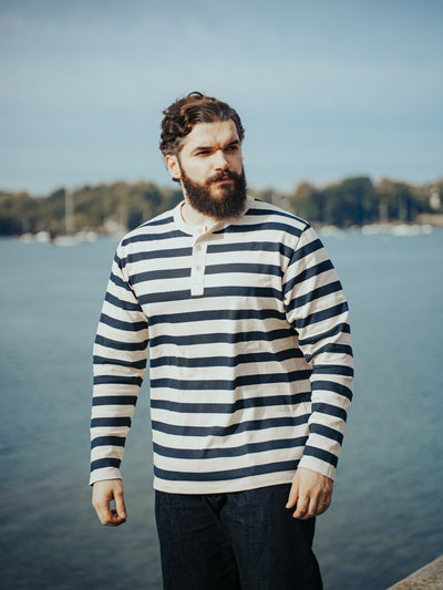 Pétrone Henley cormac manches longues coton bio marinière blanc crème homme#couleur_marinière-blanc-crème