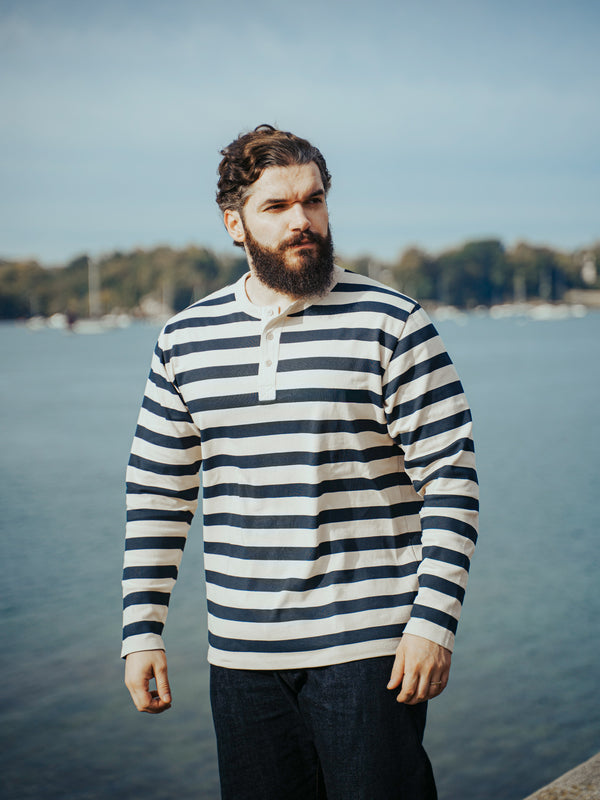 Pétrone Henley cormac manches longues coton bio marinière blanc crème homme#couleur_marinière-blanc-crème